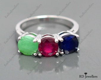 Argento Sterling 925\Anello Rubino Smeraldo Zaffiro\Anello Pietra Multicolore\Anello Tre Pietre\Anello Importante\Regalo Di Natale\Regalo Per Lei