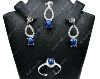Natural Black Fire Opal Jewelry Set, Ethiopian Welo Opal, 925 Sterling Silver, Opal Earrings, Opal Pendant, Opal Ring, October Birthstone