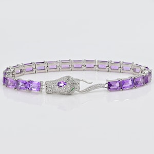 Natural Brazilian Amethyst Bracelet, 925 Sterling Silver, Tennis Bracelet, February Birthstone, Cobra Bracelet, Bridal Bracelet Gift For Her