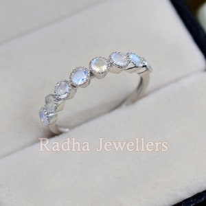 Natural Rainbow Moonstone Ring\ 925 Sterling Silver\ Cluster Ring\ June Birthstone\ Half Eternity Band\ Dainty  Ring\ Gift For Her