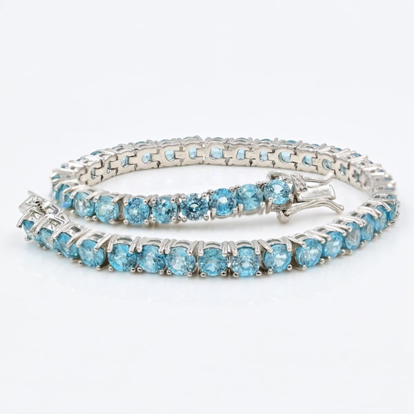 4 MM Natural Cambodia Blue Zircon Bracelet, 925 Sterling Silver, Tennis Bracelet, December Birthstone, Gift For Girlfriend, Gift For Her