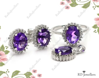 Conjunto de joyas de amatista natural, plata de ley 925, anillo, pendientes y colgante de amatista, piedra natal de febrero, regalo para ella, regalo para mujer.