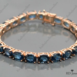 Natural 36cts London Blue Topaz Bracelet, 925 Solid Silver, Tennis Bracelet, Gemstone Bracelet, December Birthstone, 14K Rose Gold Vermeil