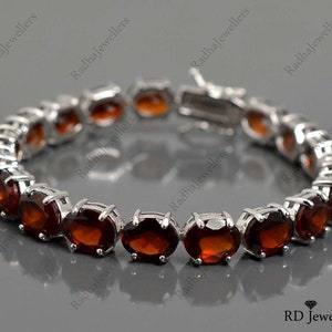 925 Solid Silver Bracelet, Natural Oval Hessonite Garnet Bracelet, Tennis Bracelet, Gift For Her, Hessonite Garnet Jewelry, Christmas Gift