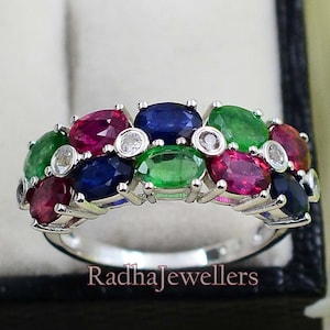 Natural Ruby Emerald Sapphire Ring, 925 Sterling Silver, Cluster Ring, Proposal Ring, Engagement Ring, Half Eternity Ring, Gift For Her