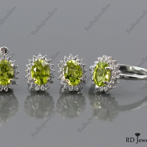 Natural Peridot Jewelry Set\ 95 Sterling Silver\ Art Deco Jewelry\ Solitaire Ring\ August Birthstone\ Women Jewelry Set\ Gift For Her