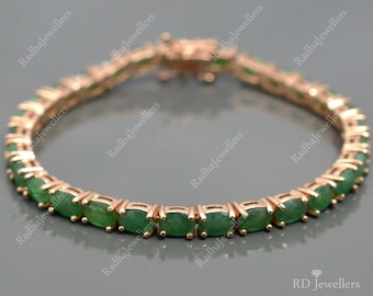 Natural Emerald Bracelet, 925 Sterling Silver, Emerald Tennis Bracelet, May Birthstone, Gift for Her, 14K Rose Gold Plating, Bridal Bracelet