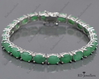 925 Sterling Silver, Natural Emerald Bracelet, Green Emerald Jewelry, Tennis Bracelet, Cut Green Emerald Gems, May Birthstone, Gift For Her