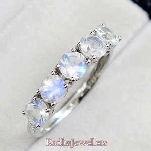 Natural Rainbow Moonstone Ring, 925 Sterling Silver, June Birthstone, Blue Fire Round Gemstone,  Ring, Half Eternity, Gift For Her