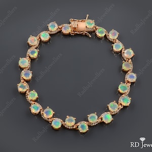 Natural Opal Cut Bracelet, Ethiopian Welo Opal, 925 Sterling Silver, Tennis Bracelet, October Birthstone, 14K Rose Gold Vermeil,Gift For Her