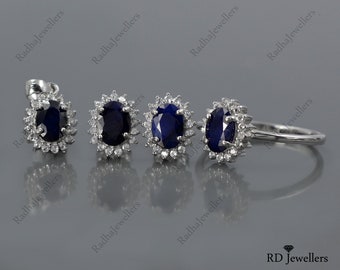 Natural Sapphire Set\ 925 Sterling Silver\ Sapphire Ring\ Sapphire Stud Earring\ Sapphire Pendant\ Women Jewelry Set\ September Birthstone