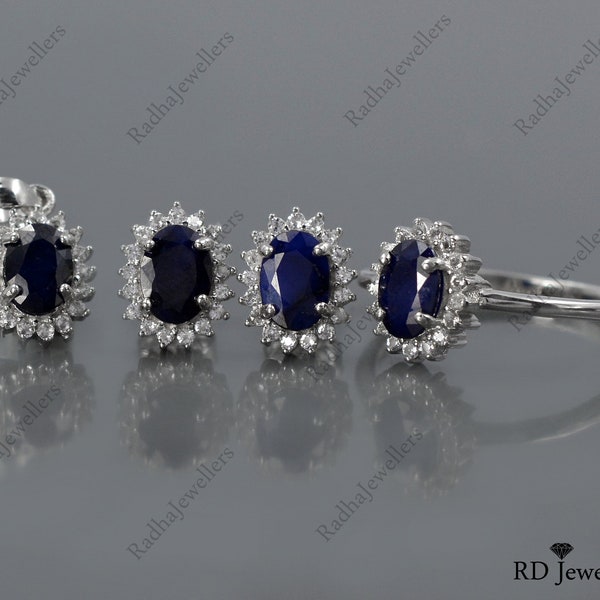 Natural Sapphire Set\ 925 Sterling Silver\ Sapphire Ring\ Sapphire Stud Earring\ Sapphire Pendant\ Women Jewelry Set\ September Birthstone