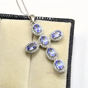 Violet Blue Oval Natural Tanzanite, 925 Sterling Silver Cross Pendant Necklace, December Birthstone, Holy Cross Pendant, Tanzanite Jewelry