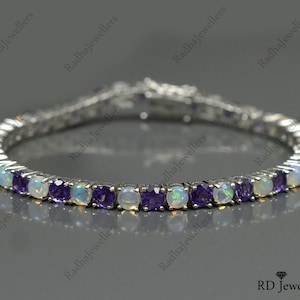 Natural Ethiopian Opal & Amethyst Bracelet, 924 Sterling Silver, Tennis Bracelet, Birthstone Bracelet,  Bracelet, Wedding Bracelet