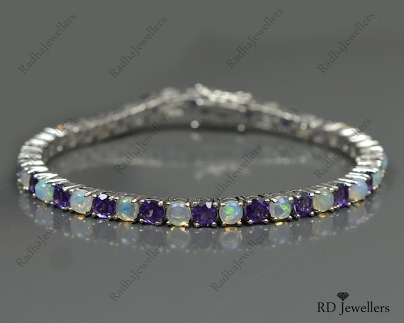 Sterling Silver Ethiopian Opal & Amethyst Bracelet Sterling Silver Ethiopian Opal & Amethyst Bracelet