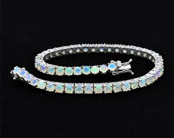 Natural Opal Cut Bracelet, Ethiopian Welo Opal, 925 Sterling Silver, Opal Tennis Bracelet, October Birthstone, Opal Jewelry, Gift For Her