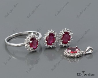 925 Sterling Silver\ Natural Ruby Jewelry Set\ Ruby Ring\ Ruby Earring Stud\ Ruby Pendant\ Solitaire Ring\ July Birthstone\ Gift For Her