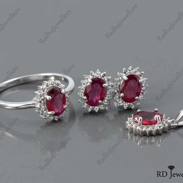 925 Sterling Silver\ Natural Ruby Jewelry Set\ Ruby Ring\ Ruby Earring Stud\ Ruby Pendant\ Solitaire Ring\ July Birthstone\ Gift For Her