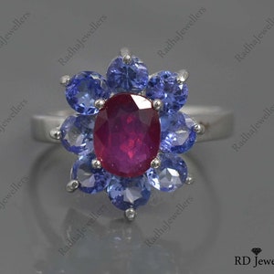 Natural Cut Tanzanite & Pink Ruby, 925 Sterling Silver, Cluster Engagement Ring, Bridal Ring, Engagement Ring, Gift For Her, Christmas Gift