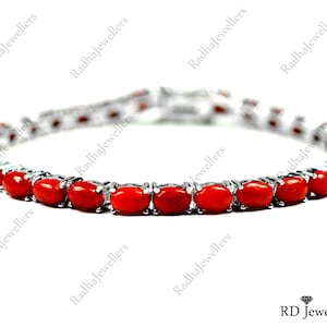 6x4 mm Natural Italian Coral Bracelet, 925 Sterling Silver, May Birthstone, Red Stone Bracelet, Coral Jewlery, Tennis Bracelet, Gift For Her