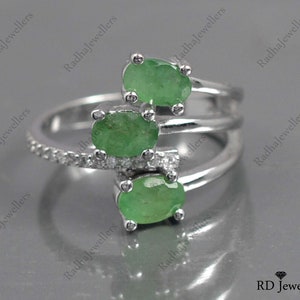 Natural Emerald Ring, Three Stone Ring, 925 Silver Ring, Statement Ring, Gemstone Ring, May Birthstone Ring, Engagement Ring, Wedding Ring