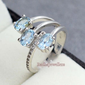 Natural Aquamarine Ring, 925 Sterling Silver, Cluster Ring, Aquamarine Jewelry, March Birthstone, Three Stone Ring, Women Ring, Gift For Her