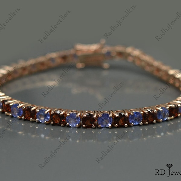 14K Rose Gold Plated Bracelet, Natural Tanzanite & Garnet Mix Gemstone Bracelet, 925 Sterling Silver, Round Tennis Bracelet,Wedding Bracelet