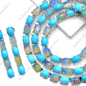 Natural Opal Cabochon & Turquoise Necklace With Earring, 925 Sterling Silver, Tennis Necklace, Dainty Necklace, Women Necklace, Gift For Her