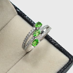 Natural Green Garnet Tsavorite Ring, 925 Sterling Silver, Three Stone Ring, January Birthstone, Proposal Ring, Wedding Ring, Gift For Her