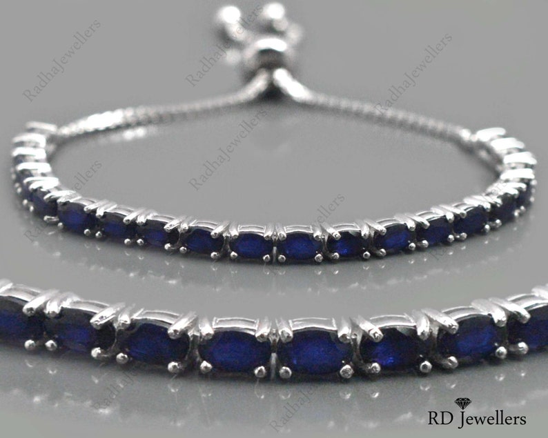 Natural Blue Sapphire 925 Solid Silver September Birthstone Adjustable Tie Bracelet Gift For her Blue Sapphire Bracelet Christmas Gift
