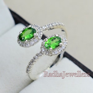 Natural Green Tsavorite Ring, 925 Sterling Silver, Two Stone Ring, Statement Ring, January Birthstone, Gemstone ring, Birthday Gift For Wife