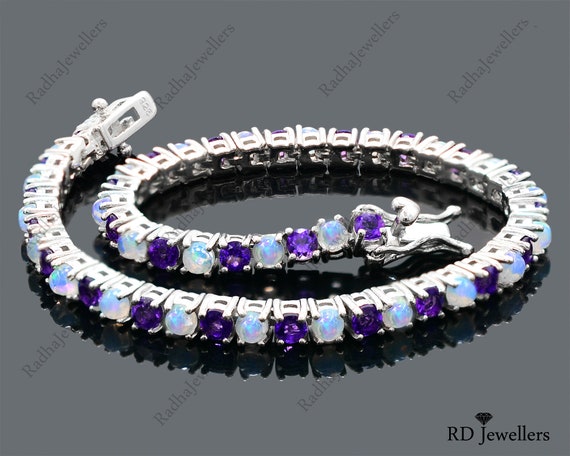 Natural Opal Amethyst Bracelet 925 Sterling Silver Tennis