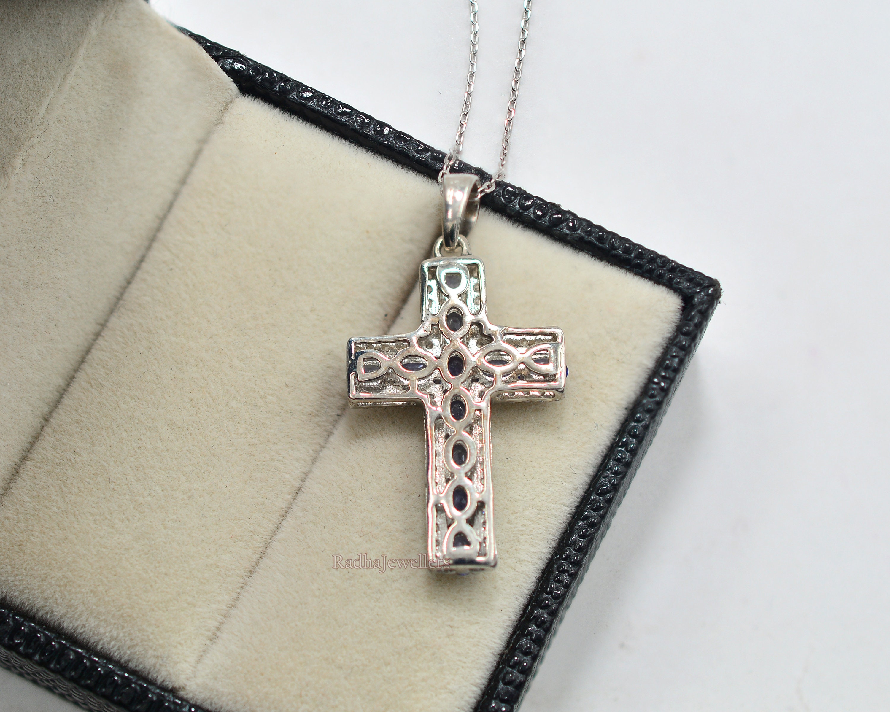 3.25 CT Lab Diamond & Tanzanite Cross Pendant Necklace – 925 Sterling Silver, Chain Included