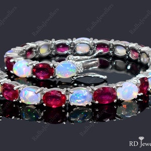 Best Quality Natural Ethiopian Fire Opal & Ruby Bracelet, 925 Sterling Silver Jewelry, Tennis Bracelet, Birthstone Bracelet, Gift For Her
