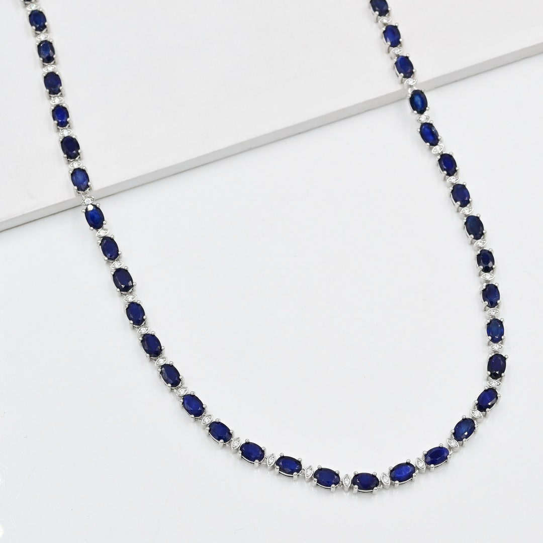 Natural Sapphire Necklace, 925 Sterling Silver, Tennis Necklace, Blue ...