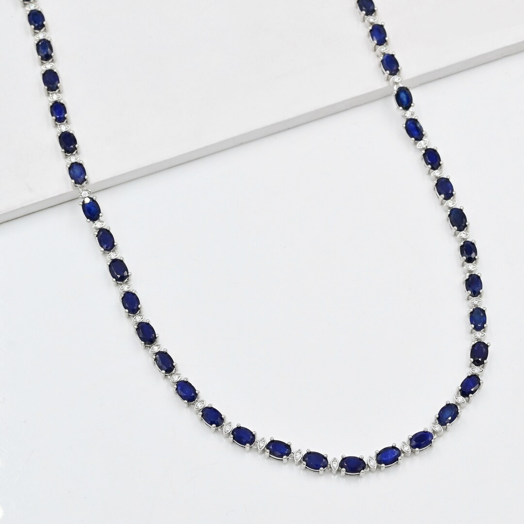 Natural Sapphire Necklace, 925 Sterling Silver, Tennis Necklace, Blue Stone Necklace, September