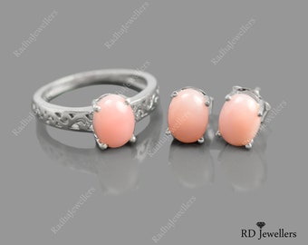 Natural Pink Opal\ 925 Sterling Silver\ October Birthstone\ Pink Opal Jewelry\ Designers Stud Ring Party Set\ New Bridal Jewelry Set Gift