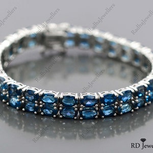 Women Silver Bracelet, Natural London Blue Topaz Bracelet, 925 Sterling Silver, Tennis Bracelet, Gemstone Bracelet, December Birthstone