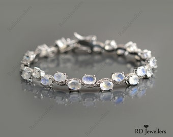 Piedra lunar arcoíris natural\ Plata de ley 925\ Piedra natal de junio\ Pulsera de piedra lunar de fuego azul\ Regalo para ella\ Pulsera gruesa\ Pulsera de tenis