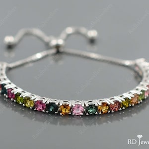 4 MM Round Natural Multi Tourmaline Bracelet, 925 Sterling Silver, Tie Adjustable Bracelet, October Birthstone, Women Bracelet, Gift For Her