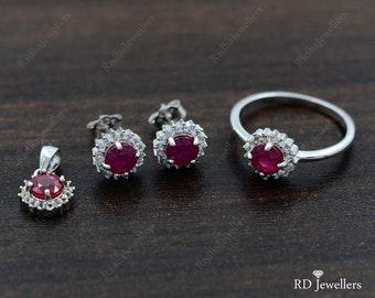 Rubin Schmuckset für Frauen, natürlicher Rubin Set, 925 Sterlingsilber-Set, Rubin Ring Ohrringe Anhänger, Juli Geburtsstein, Edelstein Schmuckset