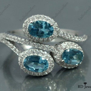Three Stone Ring, Natural London Blue Topaz Ring, Topaz Ring, 925 Silver Ring, Topaz Jewelry, Gemstone Ring, Statement Ring, Wedding Gift