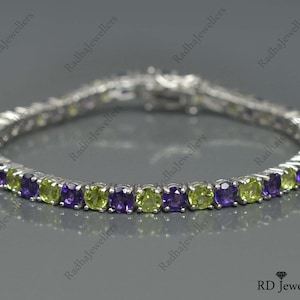 Gemstone Tennis Bracelet, Natural Peridot & Amethyst Bracelet, 925 Sterling Silver, Birthstone Bracelet,  Bracelet, Wedding Bracelet