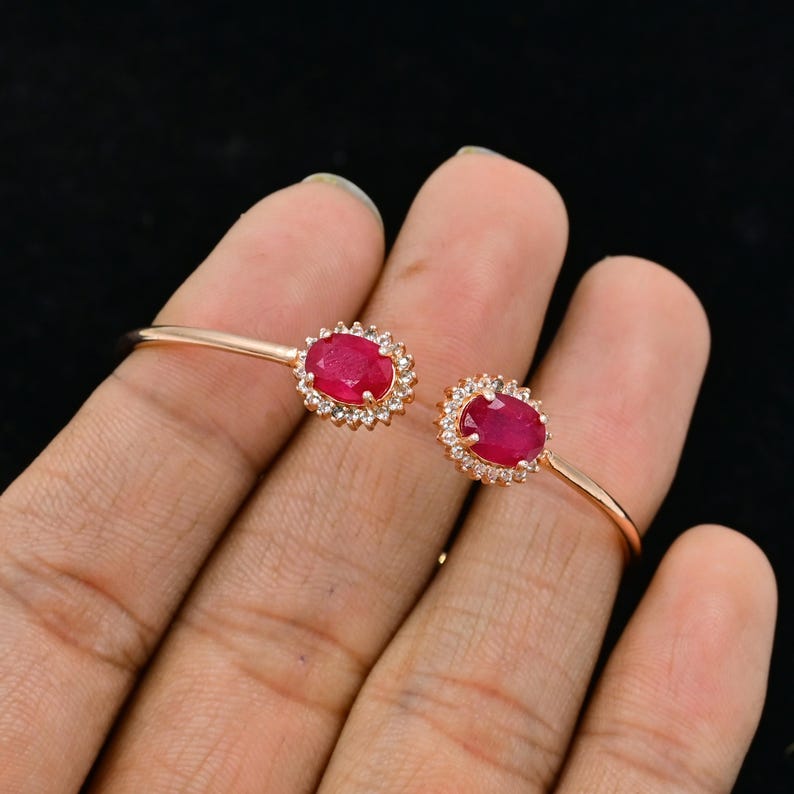 Brazalete de rubí, brazalete de rubí natural, plata de ley 925, piedra de nacimiento de julio, brazalete de piedra roja, joyería de rubí, brazalete de boda, regalo para ella. imagen 7