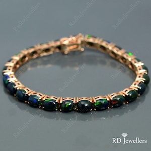 925 sterlingsilver, armband med naturlig svart opal, tennisarmband, armband i 14 karat roséguld, opalsmycken, bröllopsarmband, present till henne