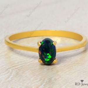 Natural Black Opal\ 14k Solid Gold\ Wedding Ring\ Black Opal Gold Ring\ October Birthstone\ Fire Rainbow Opal\ Gift For Her\ Solitaire Ring