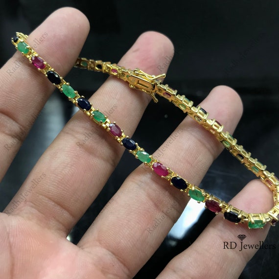 Bracelet Délicat En Argent Sterling Avec Rubis, Saphir Et émeraude - Marque Rose-Mimosa - Neuf Avec étiquettes