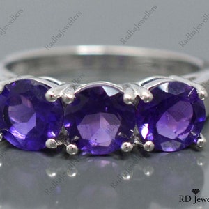 Natural Amethyst Ring\ 925 Sterling Silver\ Three Stone Ring\ Cluster Ring\ Purple Stone Ring\ Wedding Ring\ Women Ring\ Christmas Gift