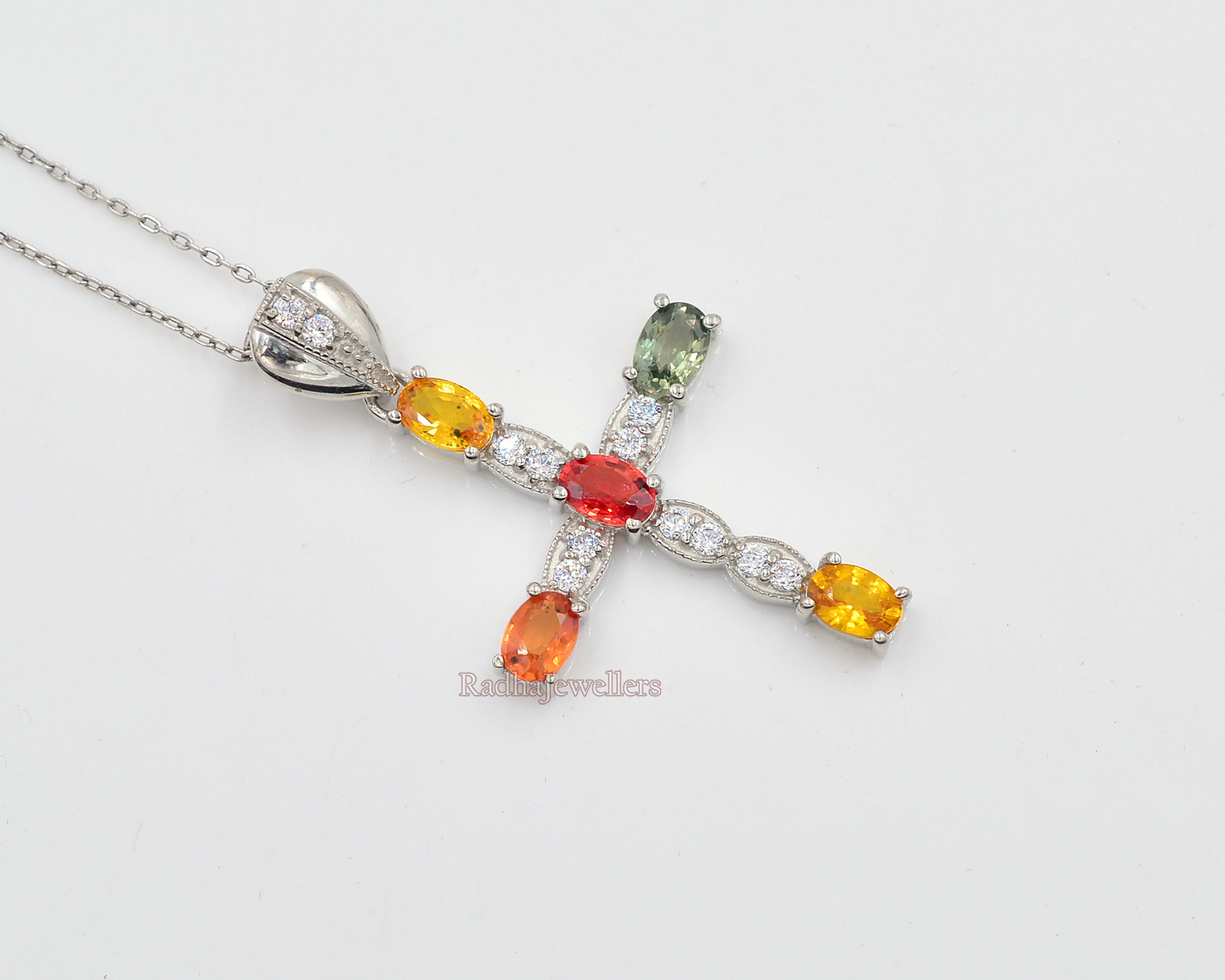 ❤️Sterling Silver Pink Topaz Multi Gemstone Cross Pendant 23”Chain Necklace  | eBay