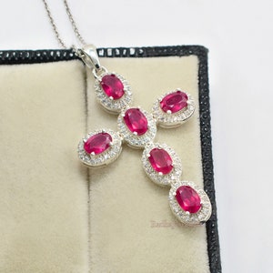 Natural Ruby Holy Cross Pendant Necklace, Charm Pendant, 925 Sterling Silver, July Birthstone, Cut Red Ruby Jewelry, Birthday Gift For Her
